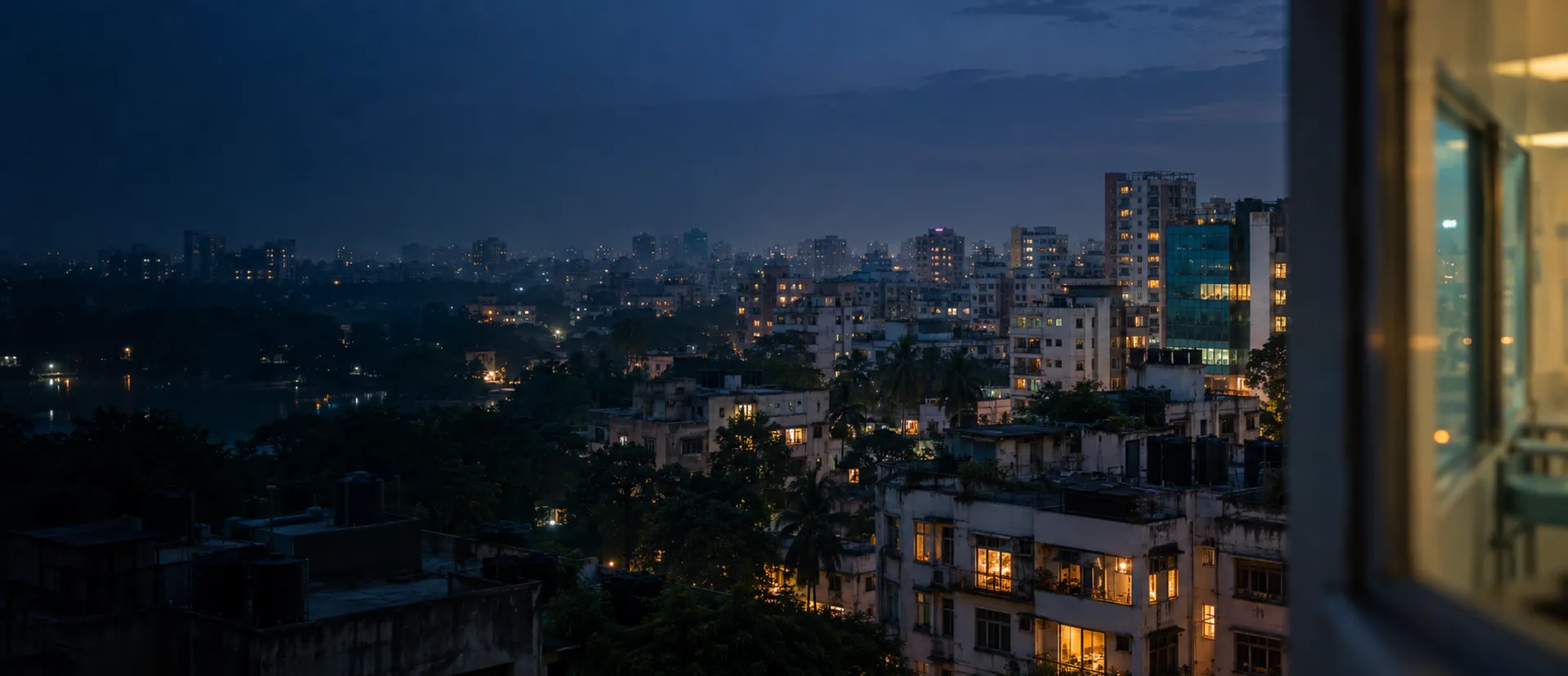 Illustrative scene: a Dhaka-inspired neighbourhood at blue hour, warm lights among the rooftops.
