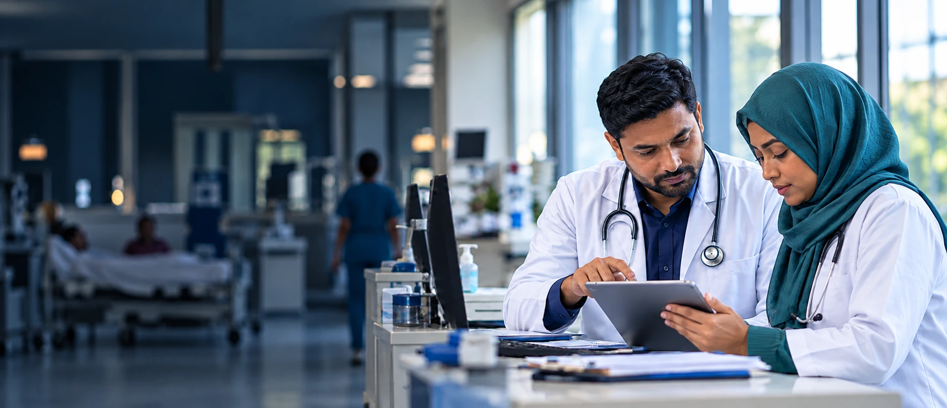 Illustrative scene: a Bangladeshi doctor and a colleague in hijab reviewing a tablet together in a hospital.