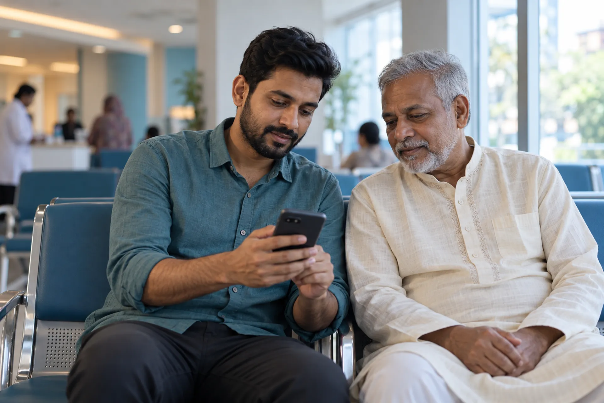 Illustrative scene: a young man showing his father a phone in a hospital waiting area.