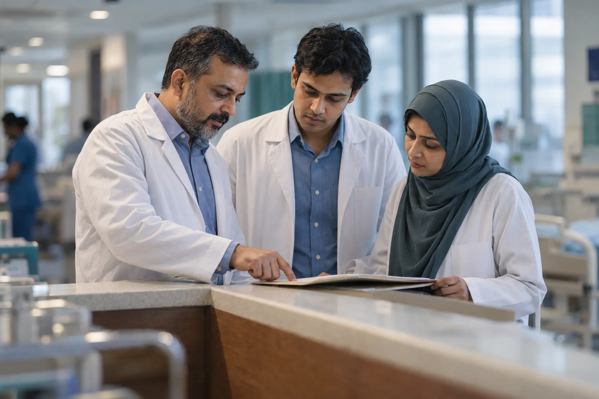 Illustrative scene: three Bangladeshi doctors reviewing notes together at a hospital ward desk.